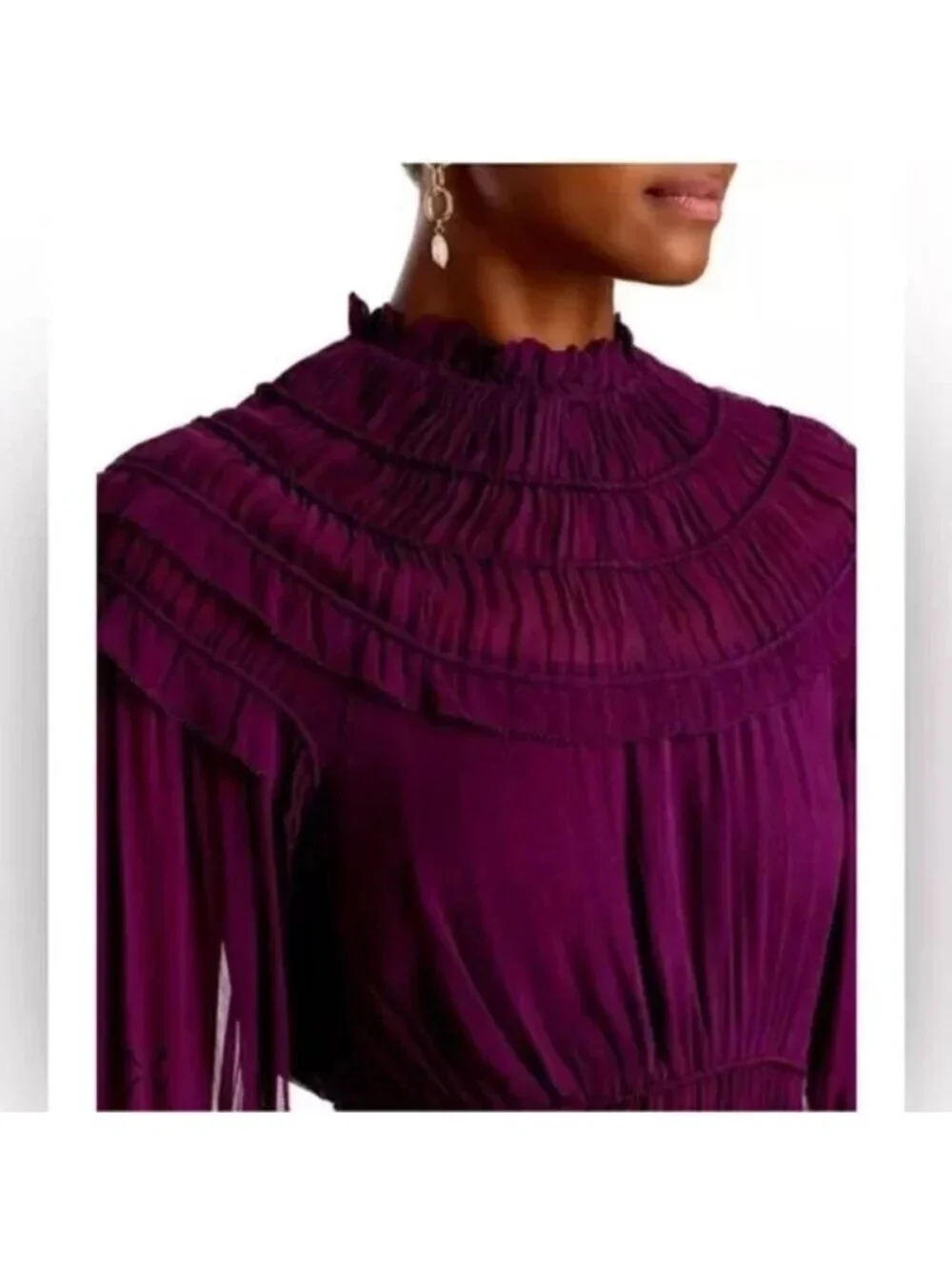 Farm Rio Romantic Ruffle Smocked Boho Long Sleeve Blouse Top Burgundy Size XS - Picture 6 of 9